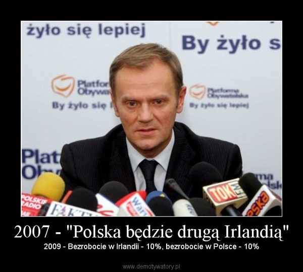 2007 - "Polska będzie drugą Irlandią" – 2009 - Bezrobocie w Irlandii - 10%, bezrobocie w Polsce - 10% 