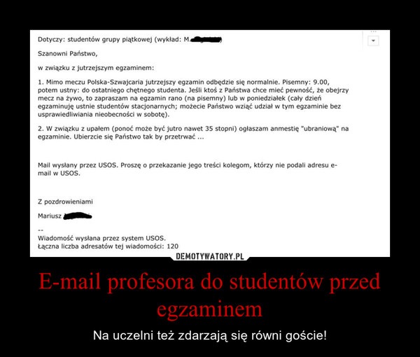 E-mail profesora do studentów przed egzaminem