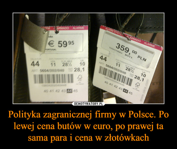 Polityka zagranicznej firmy w Polsce. Po lewej cena butów w euro, po prawej ta sama para i cena w złotówkach –  