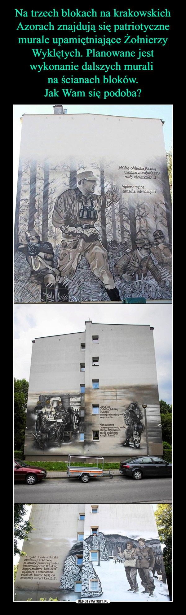 Na trzech blokach na krakowskich Azorach znajdują się patriotyczne murale upamiętniające Żołnierzy Wyklętych. Planowane jest wykonanie dalszych murali 
na ścianach bloków.
Jak Wam się podoba?