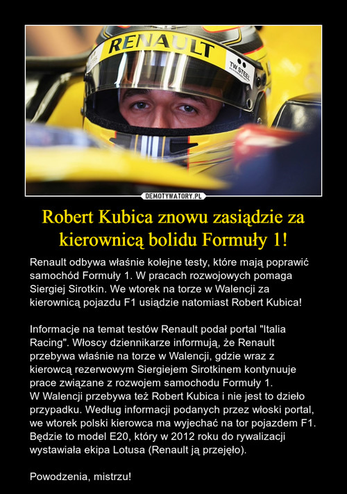 Robert Kubica znowu zasiądzie za kierownicą bolidu Formuły 1!