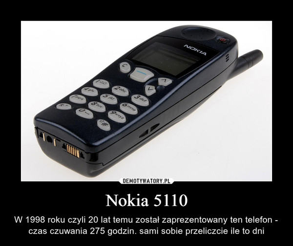 Nokia 5110 – W 1998 roku czyli 20 lat temu został zaprezentowany ten telefon - czas czuwania 275 godzin. sami sobie przeliczcie ile to dni 