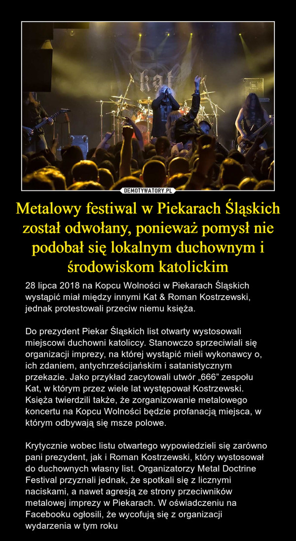 Metalowy festiwal w Piekarach Śląskich został odwołany, ponieważ pomysł nie podobał się lokalnym duchownym i środowiskom katolickim
