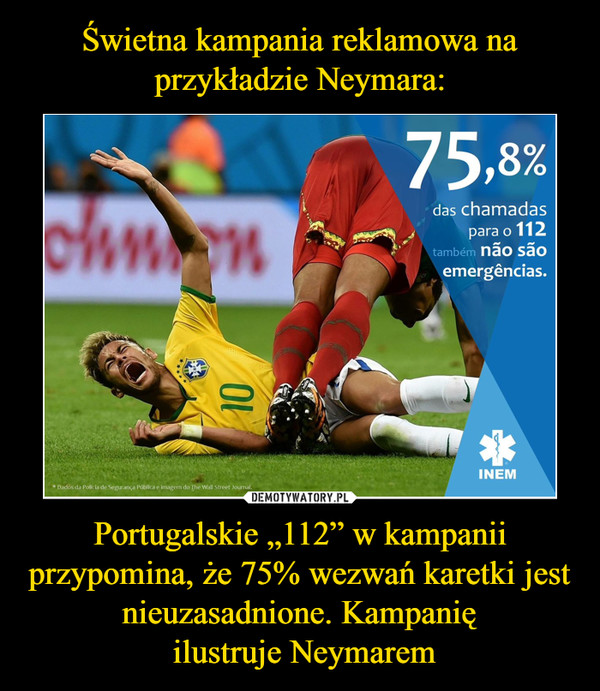 Portugalskie „112” w kampanii przypomina, że 75% wezwań karetki jest nieuzasadnione. Kampanię ilustruje Neymarem –  