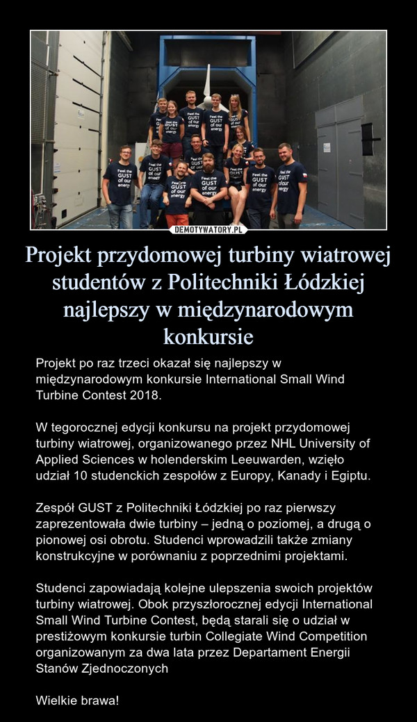 Projekt przydomowej turbiny wiatrowej studentów z Politechniki Łódzkiej najlepszy w międzynarodowym konkursie
