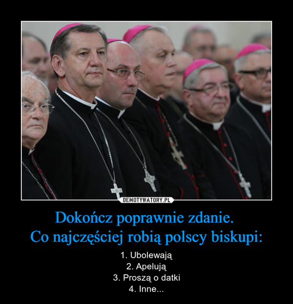 Dokończ poprawnie zdanie. Co najczęściej robią polscy biskupi: – 1. Ubolewają2. Apelują3. Proszą o datki4. Inne... 