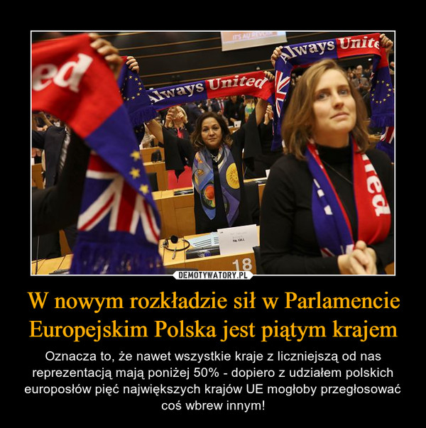 W nowym rozkładzie sił w Parlamencie Europejskim Polska jest piątym krajem – Oznacza to, że nawet wszystkie kraje z liczniejszą od nas reprezentacją mają poniżej 50% - dopiero z udziałem polskich europosłów pięć największych krajów UE mogłoby przegłosować coś wbrew innym! 