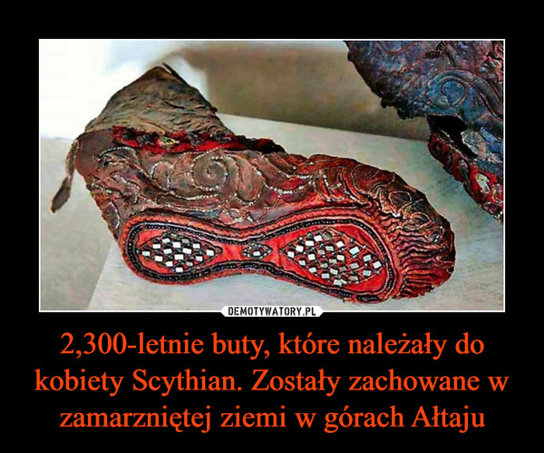 2,300-letnie buty, które należały do kobiety Scythian. Zostały zachowane w zamarzniętej ziemi w górach Ałtaju –  