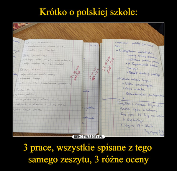 Krótko o polskiej szkole: 3 prace, wszystkie spisane z tego 
samego zeszytu, 3 różne oceny