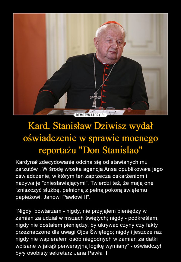 Kard. Stanisław Dziwisz wydał oświadczenie w sprawie mocnego reportażu "Don Stanislao"