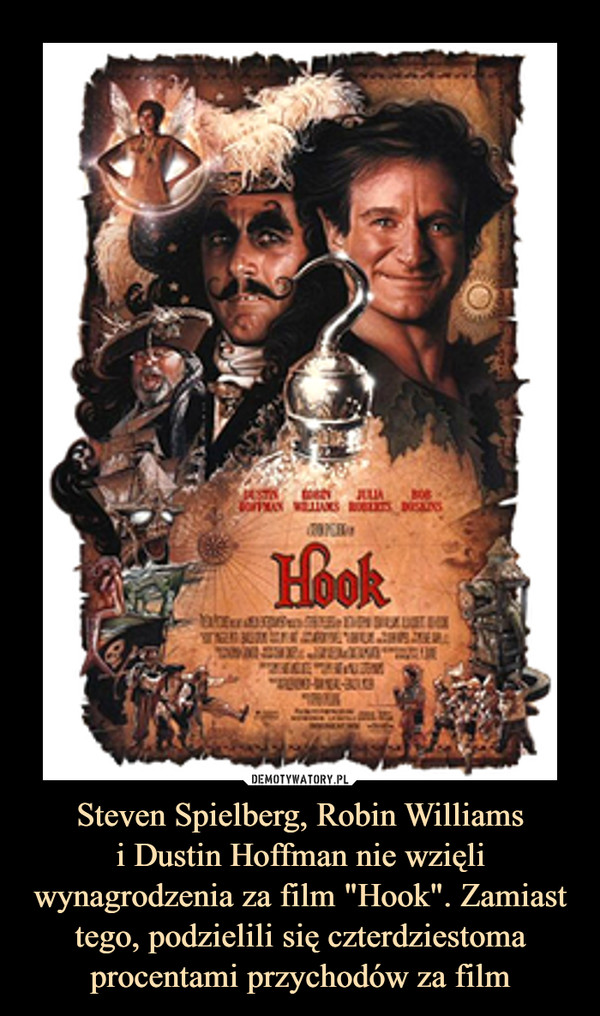 Steven Spielberg, Robin Williams
i Dustin Hoffman nie wzięli wynagrodzenia za film "Hook". Zamiast tego, podzielili się czterdziestoma procentami przychodów za film