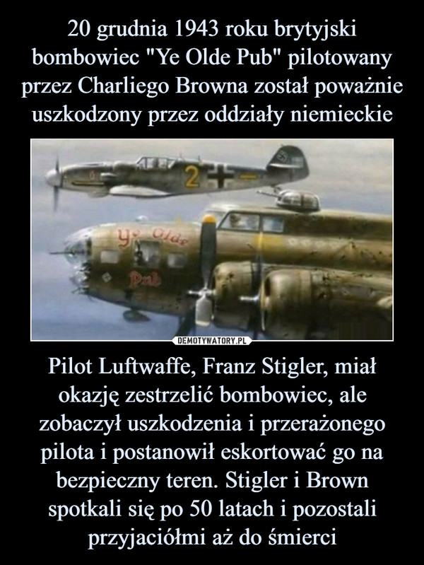 Pilot Luftwaffe, Franz Stigler, miał okazję zestrzelić bombowiec, ale zobaczył uszkodzenia i przerażonego pilota i postanowił eskortować go na bezpieczny teren. Stigler i Brown spotkali się po 50 latach i pozostali przyjaciółmi aż do śmierci –  