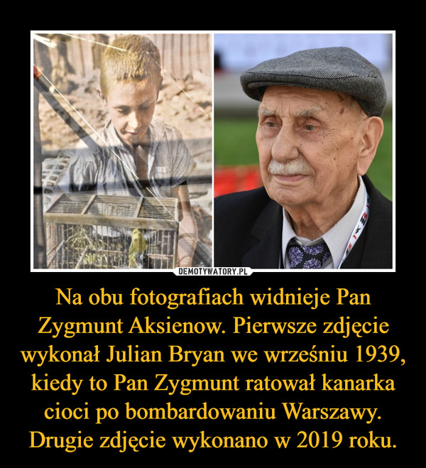 Na obu fotografiach widnieje Pan Zygmunt Aksienow. Pierwsze zdjęcie wykonał Julian Bryan we wrześniu 1939, kiedy to Pan Zygmunt ratował kanarka cioci po bombardowaniu Warszawy. Drugie zdjęcie wykonano w 2019 roku.