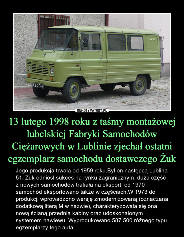 13 lutego 1998 roku z taśmy montażowej lubelskiej Fabryki Samochodów Ciężarowych w Lublinie zjechał ostatni egzemplarz samochodu dostawczego Żuk – Jego produkcja trwała od 1959 roku.Był on następcą Lublina 51. Żuk odniósł sukces na rynku zagranicznym, duża część z nowych samochodów trafiała na eksport, od 1970 samochód eksportowano także w częściach.W 1973 do produkcji wprowadzono wersję zmodernizowaną (oznaczana dodatkową literą M w nazwie), charakteryzowała się ona nową ścianą przednią kabiny oraz udoskonalonym systemem nawiewu. Wyprodukowano 587 500 różnego typu egzemplarzy tego auta. 