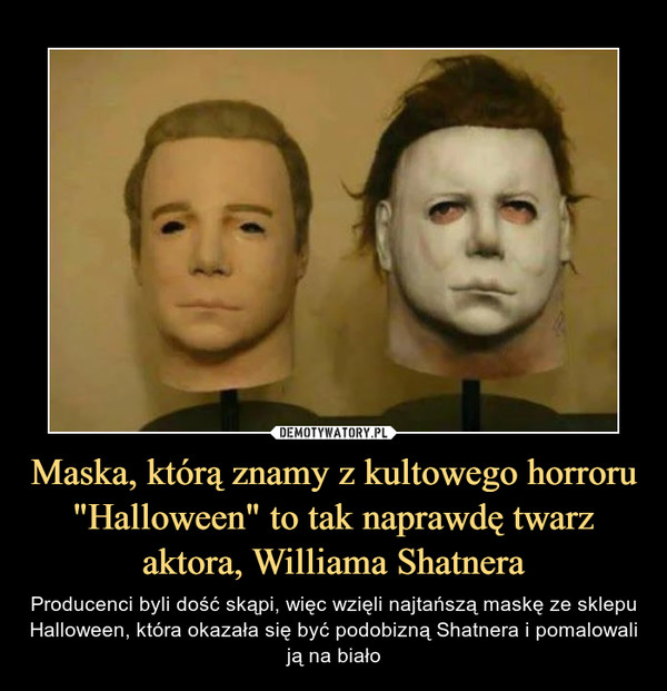 Maska, którą znamy z kultowego horroru "Halloween" to tak naprawdę twarz aktora, Williama Shatnera – Producenci byli dość skąpi, więc wzięli najtańszą maskę ze sklepu Halloween, która okazała się być podobizną Shatnera i pomalowali ją na biało 