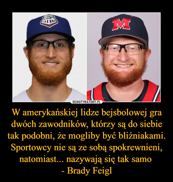 W amerykańskiej lidze bejsbolowej gra dwóch zawodników, którzy są do siebie tak podobni, że mogliby być bliźniakami. Sportowcy nie są ze sobą spokrewnieni, natomiast... nazywają się tak samo - Brady Feigl –  