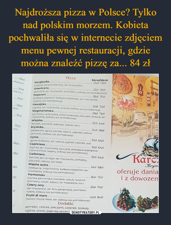 Najdroższa pizza w Polsce? Tylko nad polskim morzem. Kobieta pochwaliła się w internecie zdjęciem menu pewnej restauracji, gdzie można znaleźć pizzę za... 84 zł