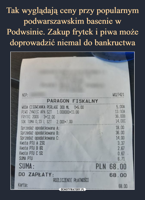 Tak wyglądają ceny przy popularnym podwarszawskim basenie w Podwsinie. Zakup frytek i piwa może doprowadzić niemal do bankructwa