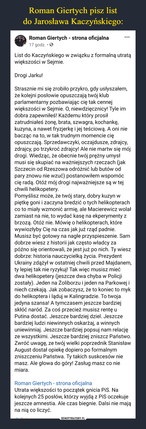 Roman Giertych pisz list
do Jarosława Kaczyńskiego: