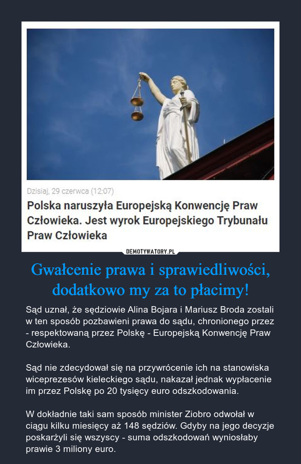 Gwałcenie prawa i sprawiedliwości, dodatkowo my za to płacimy! – Sąd uznał, że sędziowie Alina Bojara i Mariusz Broda zostali w ten sposób pozbawieni prawa do sądu, chronionego przez - respektowaną przez Polskę - Europejską Konwencję Praw Człowieka.Sąd nie zdecydował się na przywrócenie ich na stanowiska wiceprezesów kieleckiego sądu, nakazał jednak wypłacenie im przez Polskę po 20 tysięcy euro odszkodowania.W dokładnie taki sam sposób minister Ziobro odwołał w ciągu kilku miesięcy aż 148 sędziów. Gdyby na jego decyzje poskarżyli się wszyscy - suma odszkodowań wyniosłaby prawie 3 miliony euro. 