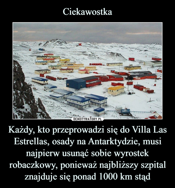 Każdy, kto przeprowadzi się do Villa Las Estrellas, osady na Antarktydzie, musi najpierw usunąć sobie wyrostek robaczkowy, ponieważ najbliższy szpital znajduje się ponad 1000 km stąd –  