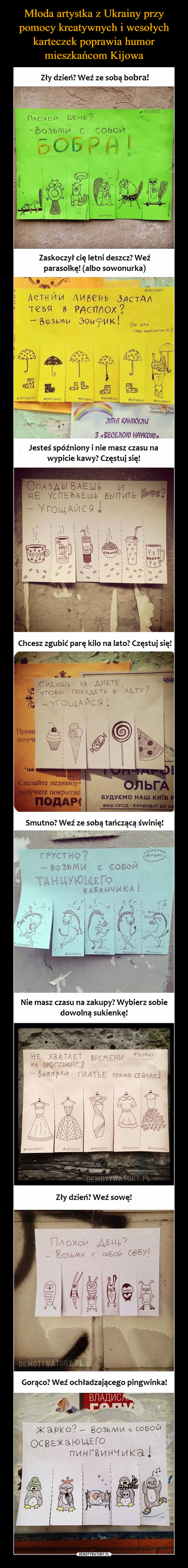 Młoda artystka z Ukrainy przy pomocy kreatywnych i wesołych karteczek poprawia humor mieszkańcom Kijowa