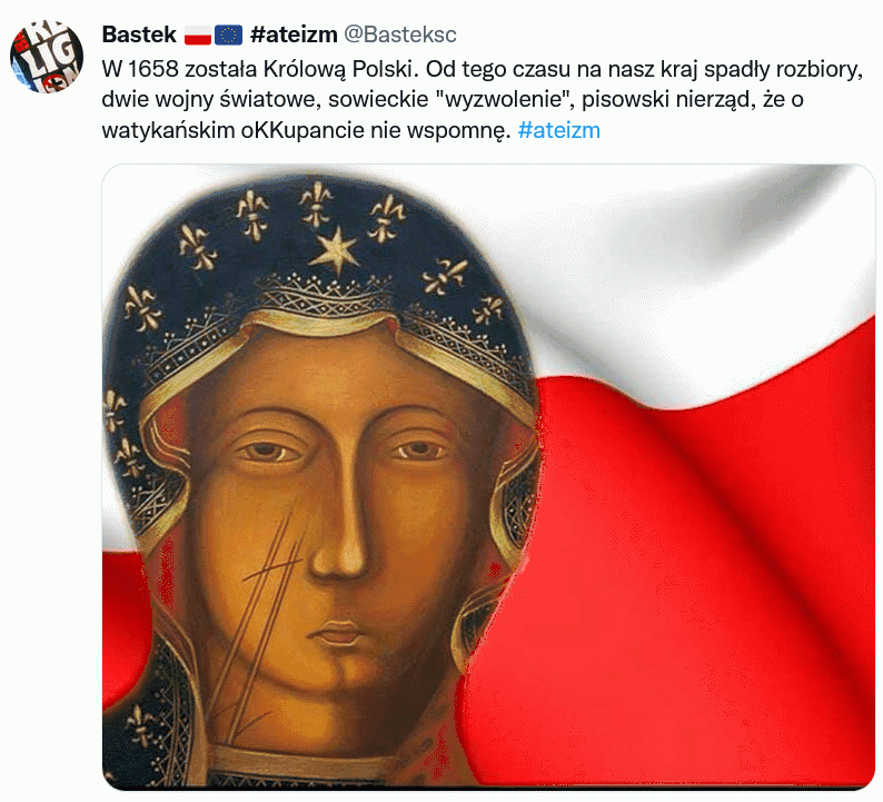 Cudowne losy Polski  pod panowaniem królowej –  Bastek HB #ateizm @Basteksc W1658 została Królową Polski. Od tego czasu na nasz kraj spadły rozbiory, dwie wojny światowe, sowieckie "wyzwolenie", pisowski nierząd, że o watykańskim oKKupancie nie wspomnę. #ateizm