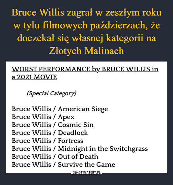 Bruce Willis zagrał w zeszłym roku w tylu filmowych paździerzach, że doczekał się własnej kategorii na Złotych Malinach