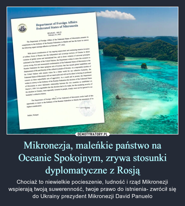 Mikronezja, maleńkie państwo na Oceanie Spokojnym, zrywa stosunki dyplomatyczne z Rosją