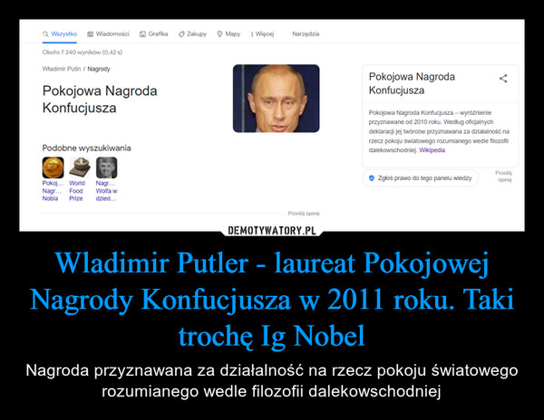 Wladimir Putler - laureat Pokojowej Nagrody Konfucjusza w 2011 roku. Taki trochę Ig Nobel – Nagroda przyznawana za działalność na rzecz pokoju światowego rozumianego wedle filozofii dalekowschodniej 