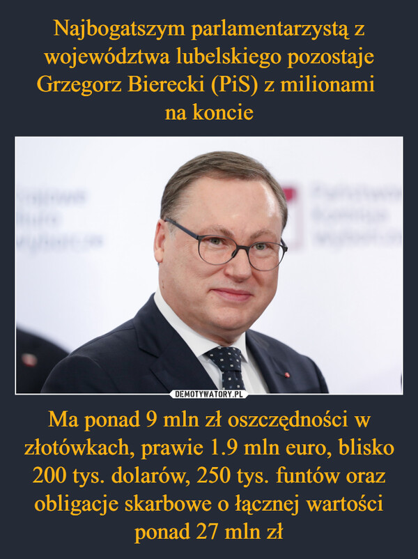 Najbogatszym parlamentarzystą z województwa lubelskiego pozostaje Grzegorz Bierecki (PiS) z milionami 
na koncie Ma ponad 9 mln zł oszczędności w złotówkach, prawie 1.9 mln euro, blisko 200 tys. dolarów, 250 tys. funtów oraz obligacje skarbowe o łącznej wartości ponad 27 mln zł