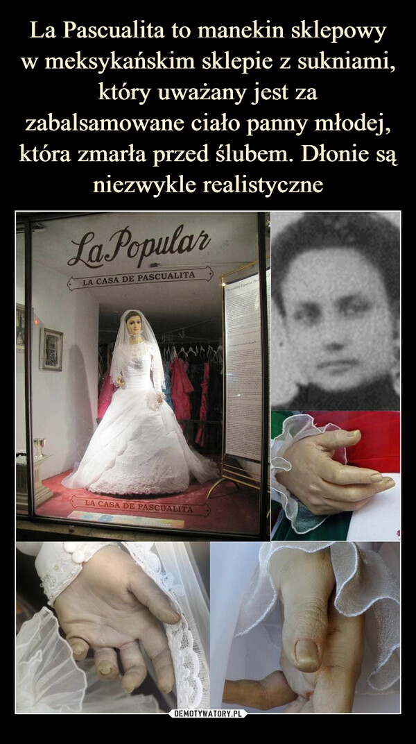 La Pascualita to manekin sklepowy w meksykańskim sklepie z sukniami, który uważany jest za zabalsamowane ciało panny młodej, która zmarła przed ślubem. Dłonie są niezwykle realistyczne