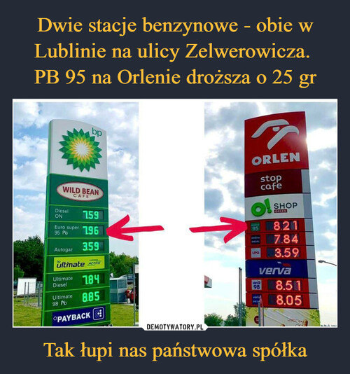 Dwie stacje benzynowe - obie w Lublinie na ulicy Zelwerowicza. 
PB 95 na Orlenie droższa o 25 gr Tak łupi nas państwowa spółka