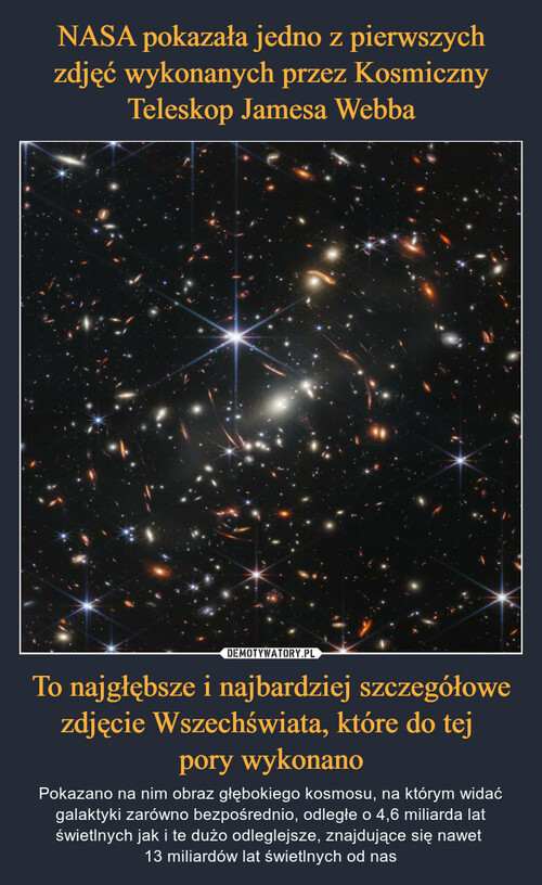 NASA pokazała jedno z pierwszych zdjęć wykonanych przez Kosmiczny Teleskop Jamesa Webba To najgłębsze i najbardziej szczegółowe zdjęcie Wszechświata, które do tej 
pory wykonano