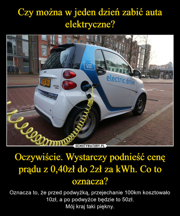 Czy można w jeden dzień zabić auta elektryczne? Oczywiście. Wystarczy podnieść cenę prądu z 0,40zł do 2zł za kWh. Co to oznacza?