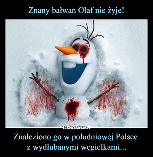 Znany bałwan Olaf nie żyje! Znaleziono go w południowej Polsce 
z wydłubanymi węgielkami...