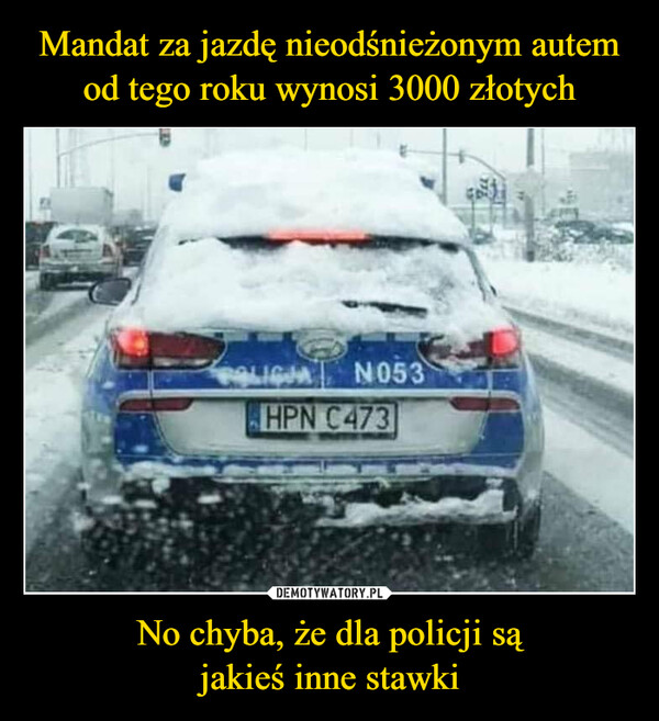 Mandat za jazdę nieodśnieżonym autem od tego roku wynosi 3000 złotych No chyba, że dla policji są
jakieś inne stawki