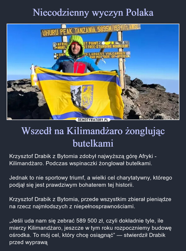 Niecodzienny wyczyn Polaka Wszedł na Kilimandżaro żonglując butelkami