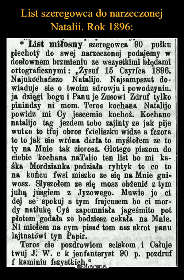 List szeregowca do narzeczonej Natalii. Rok 1896: