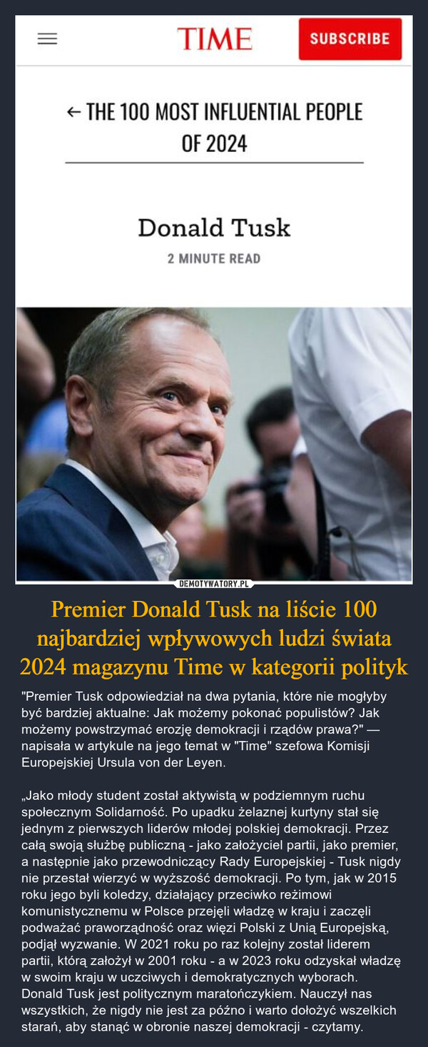Premier Donald Tusk na liście 100 najbardziej wpływowych ludzi świata 2024 magazynu Time w kategorii polityk
