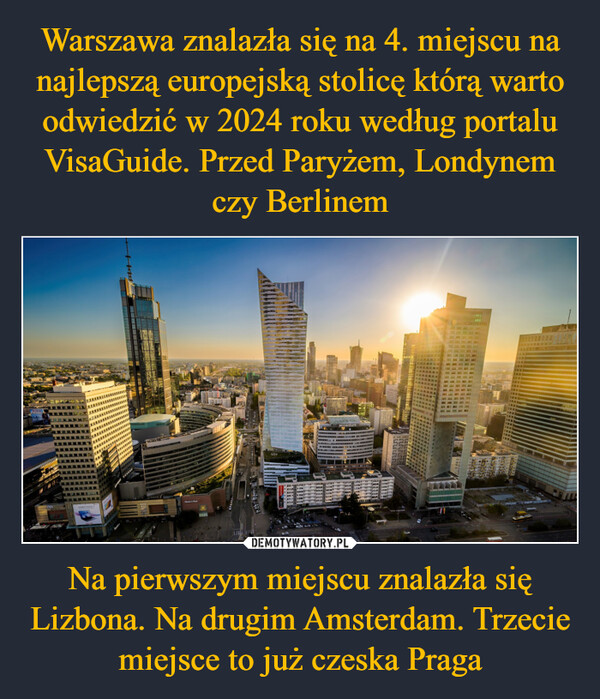 Warszawa znalazła się na 4. miejscu na najlepszą europejską stolicę którą warto odwiedzić w 2024 roku według portalu VisaGuide. Przed Paryżem, Londynem czy Berlinem Na pierwszym miejscu znalazła się Lizbona. Na drugim Amsterdam. Trzecie miejsce to już czeska Praga