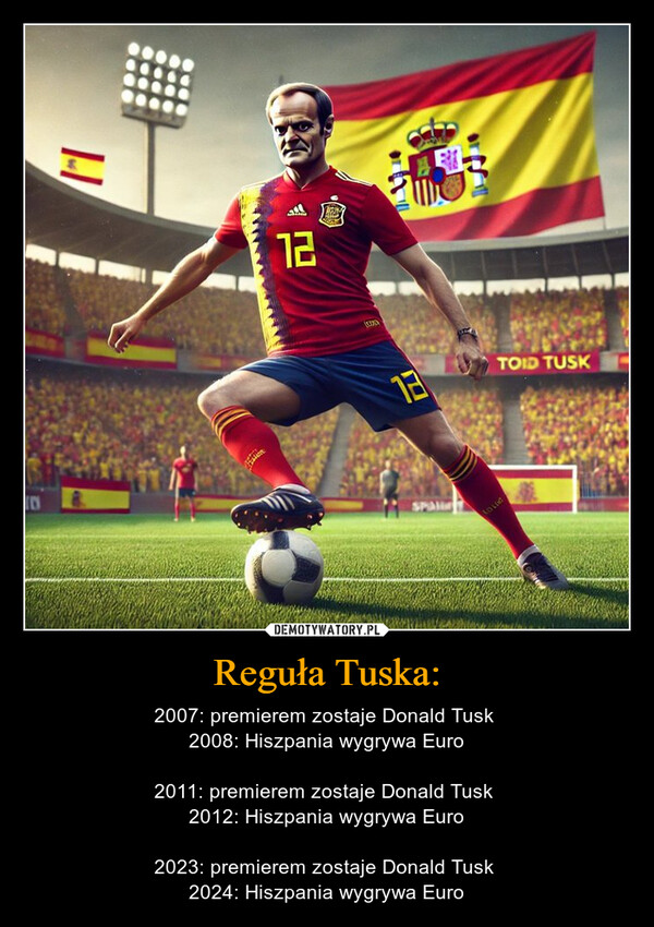 Reguła Tuska: – 2007: premierem zostaje Donald Tusk 2008: Hiszpania wygrywa Euro2011: premierem zostaje Donald Tusk 2012: Hiszpania wygrywa Euro2023: premierem zostaje Donald Tusk 2024: Hiszpania wygrywa Euro 510112EDSPATOID TUSK
